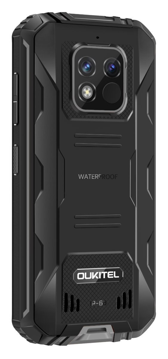 Czarny, wytrzymały tył smartfona. Ma potrójny aparat, wydrukowane jest słowo „WATERPROOF”.
