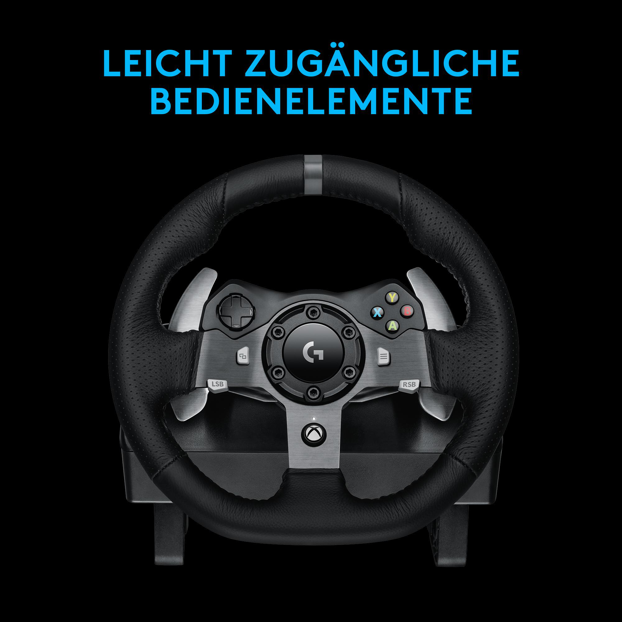 Schwarzes Lenkrad mit Knöpfen und Logo. Schwarzer Hintergrund.