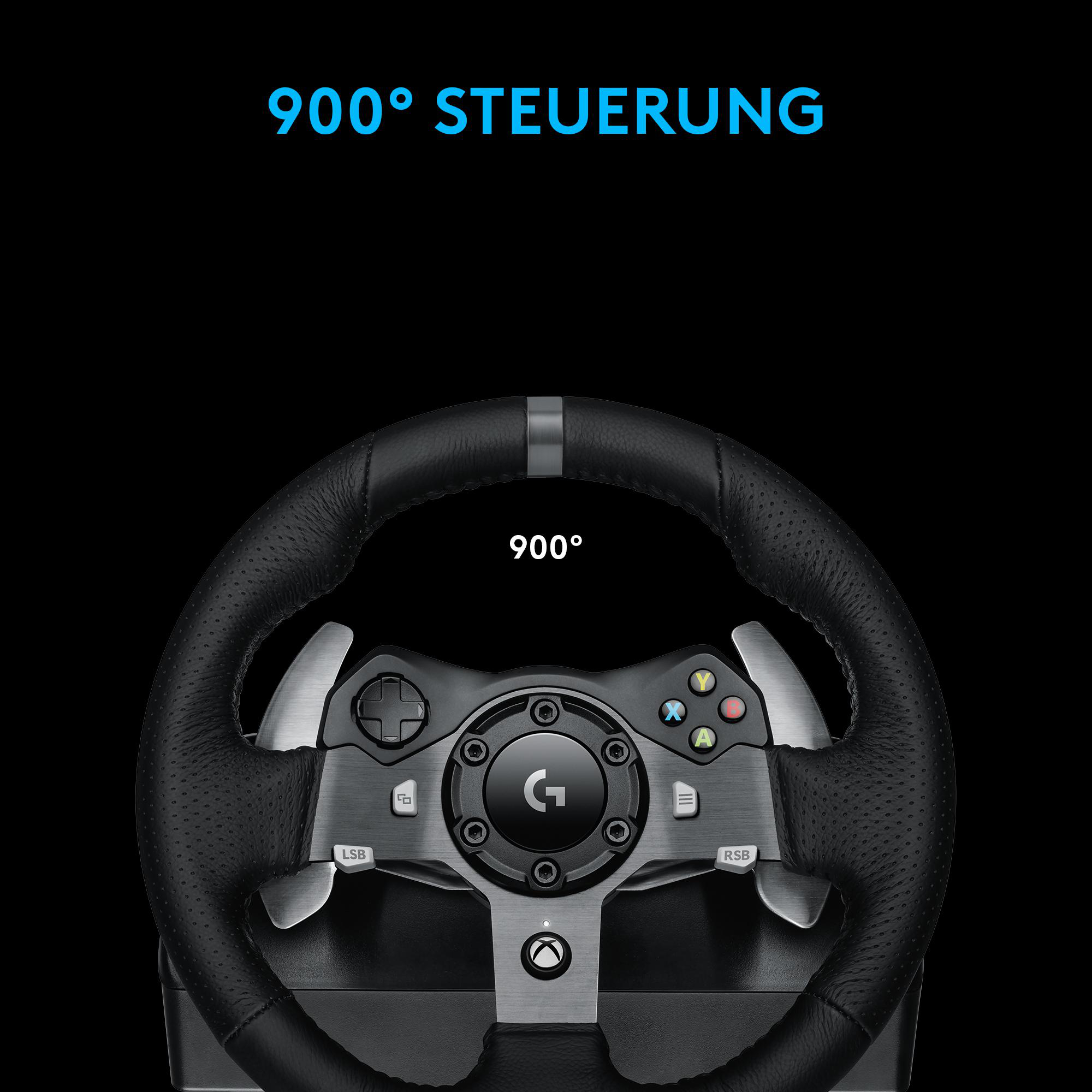 Ein Lenkrad mit Knöpfen, schwarzer Hintergrund. Text '900° STEUERUNG' darüber.