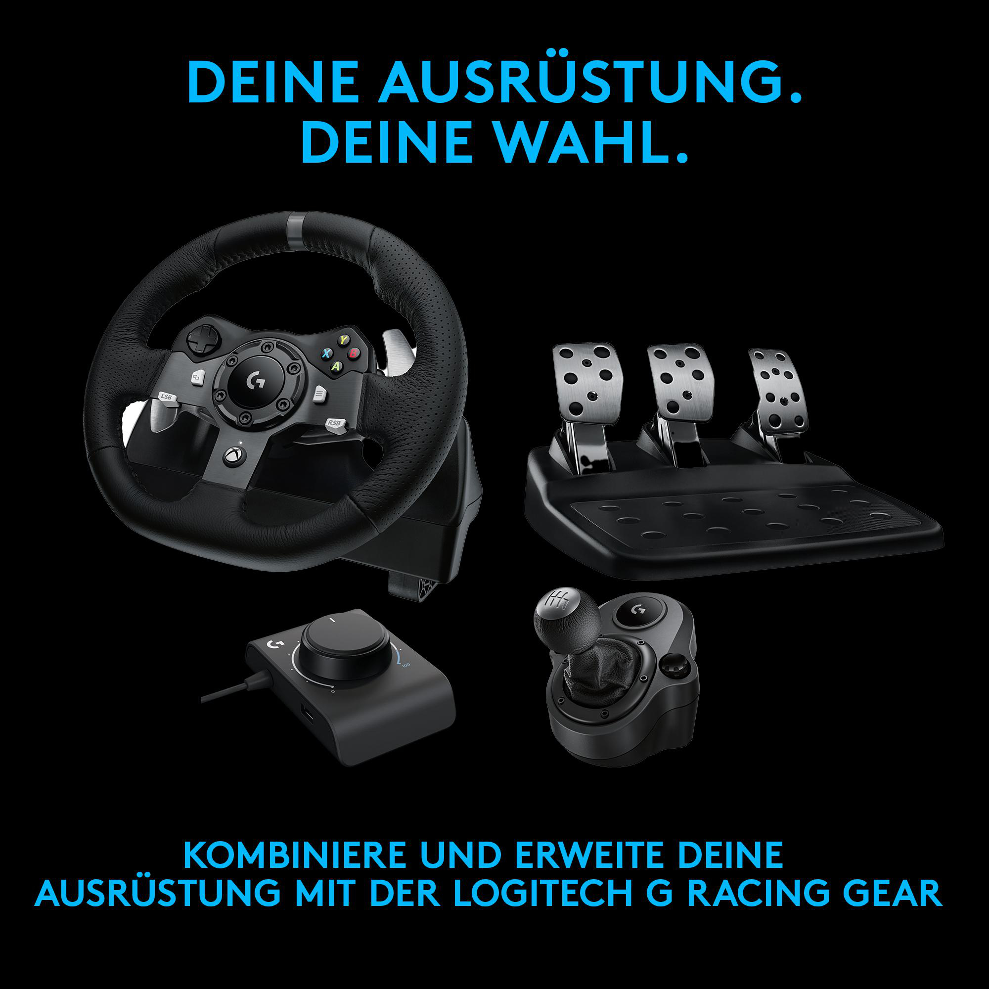 Schwarzer Hintergrund mit Lenkrad, Pedalen und Schalthebel. Text: KOMBINIEREN UND ERWEITERN SIE IHRE LOGITECH GEAR.