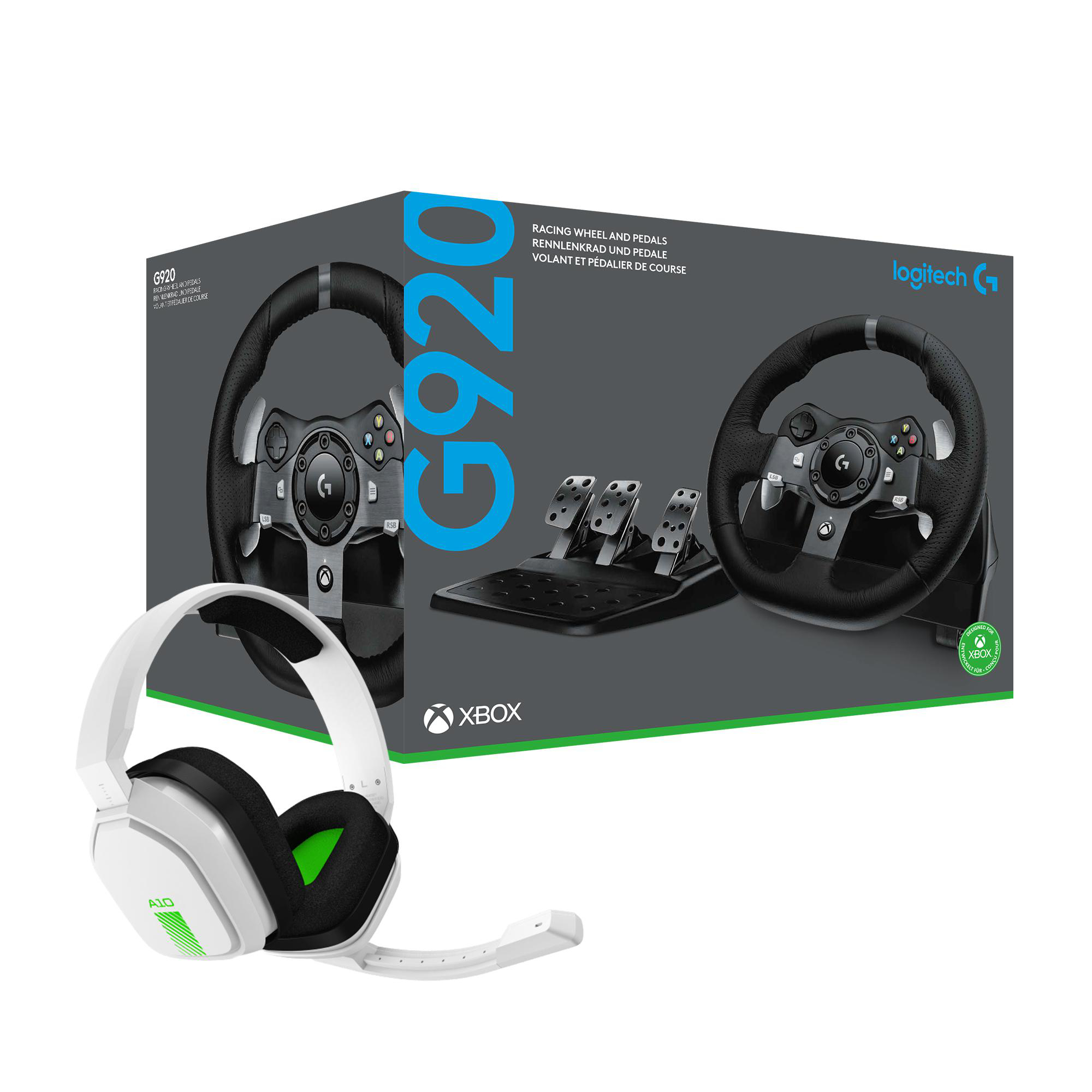 Gaming-Lenkrad und Pedale mit Headset und Xbox-Logo.