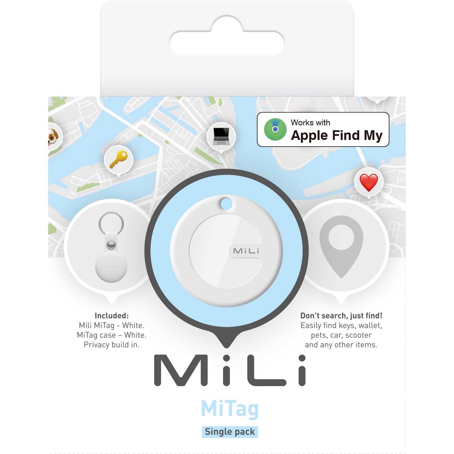 A MiLi MiTag single pack with map, icons, and a white tracker.