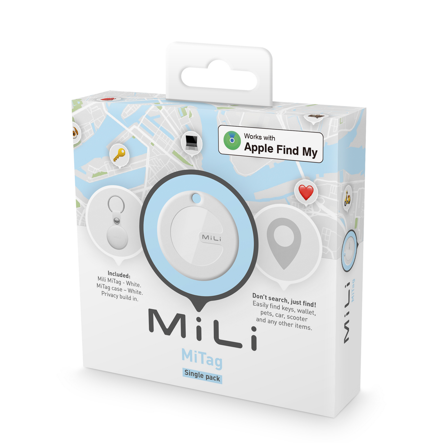 White MiLi MiTag single pack box with map graphics and text.