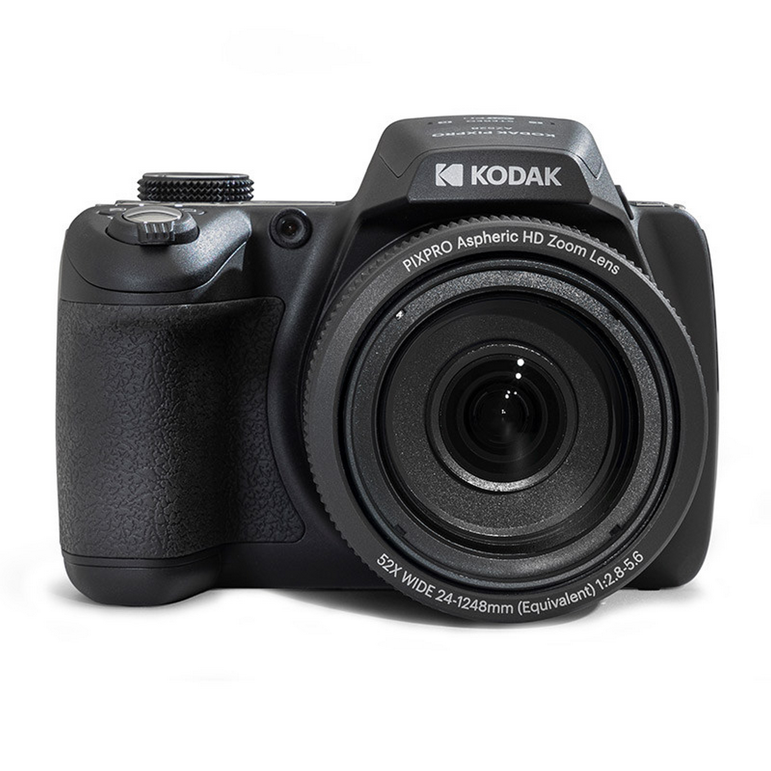 Black KODAK camera. The lens is visible. The camera is on a white background.