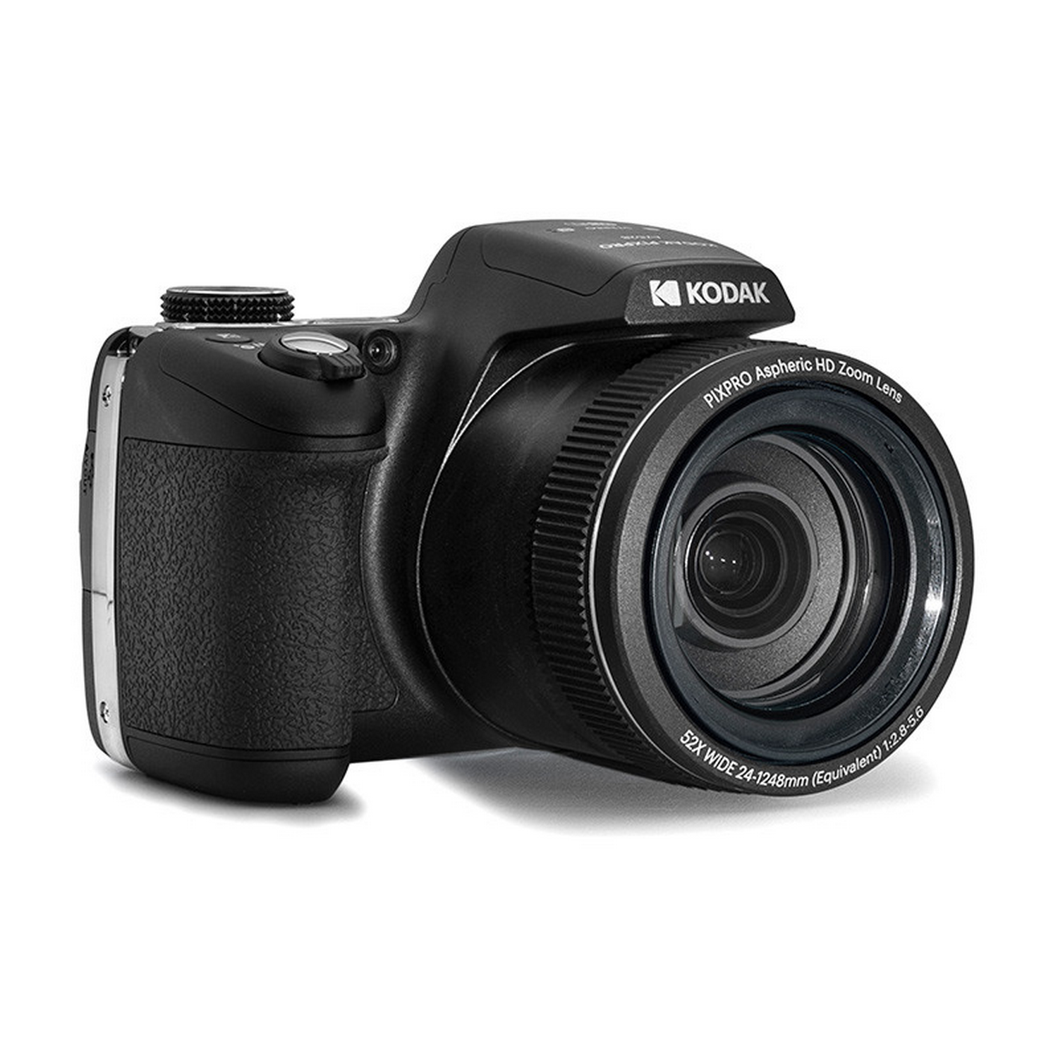 Black Kodak Pixpro camera with a large lens. It is on a white background, slightly angled.