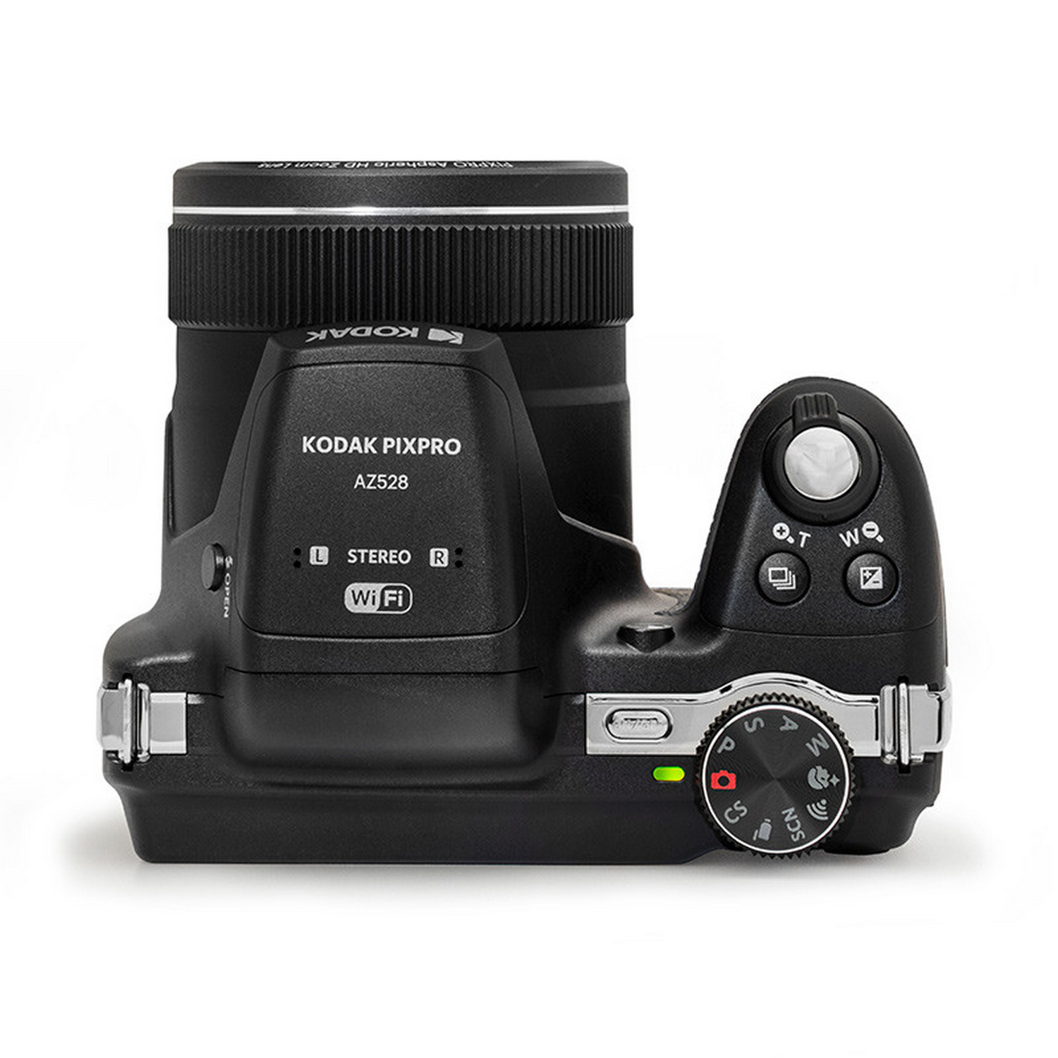 Black Kodak Pixpro camera from above. Buttons, dials, and the lens are visible against a white backdrop.