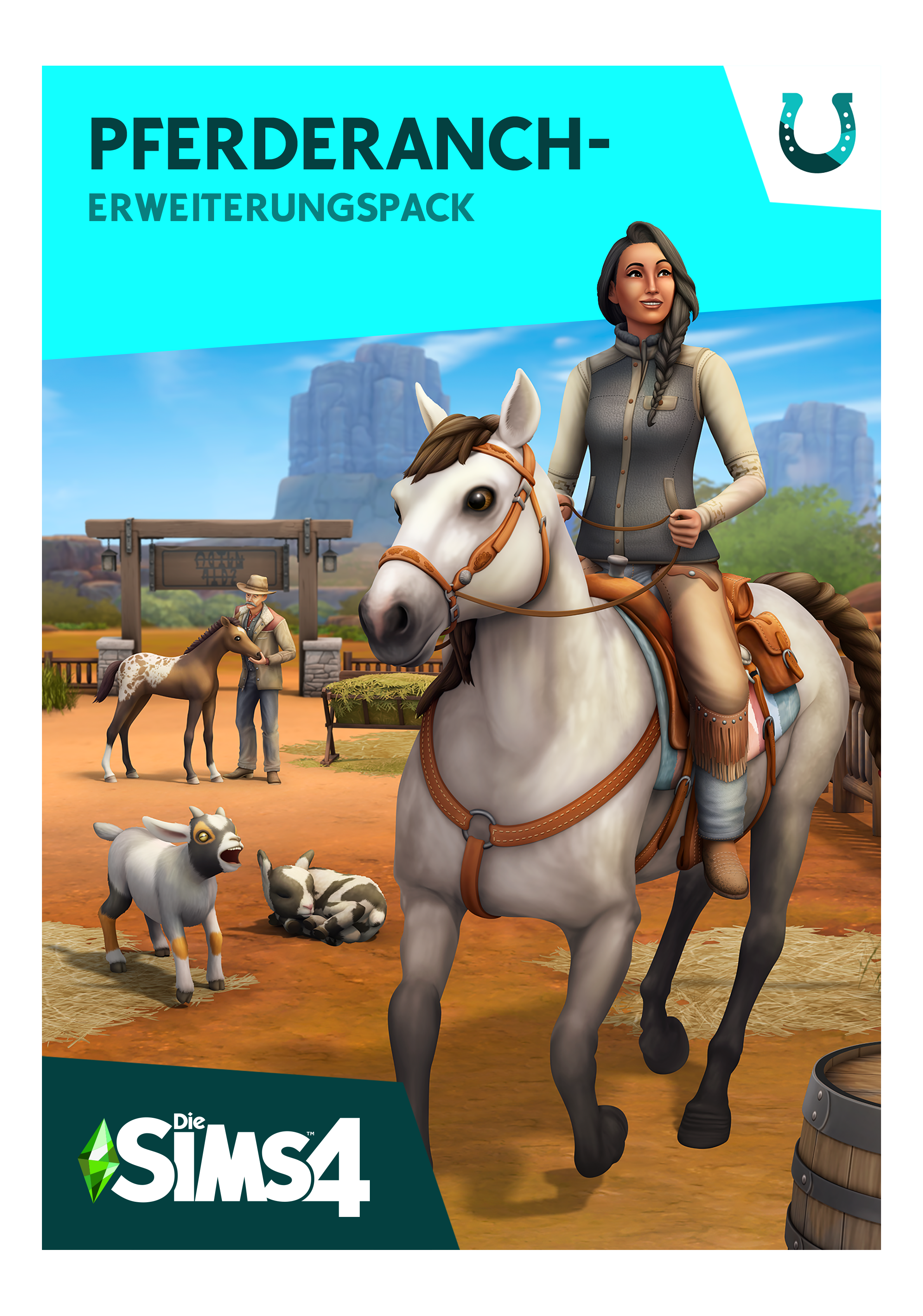 Sims 4-Spielcover. Eine Frau reitet auf einer Ranch. Andere Nutztiere.