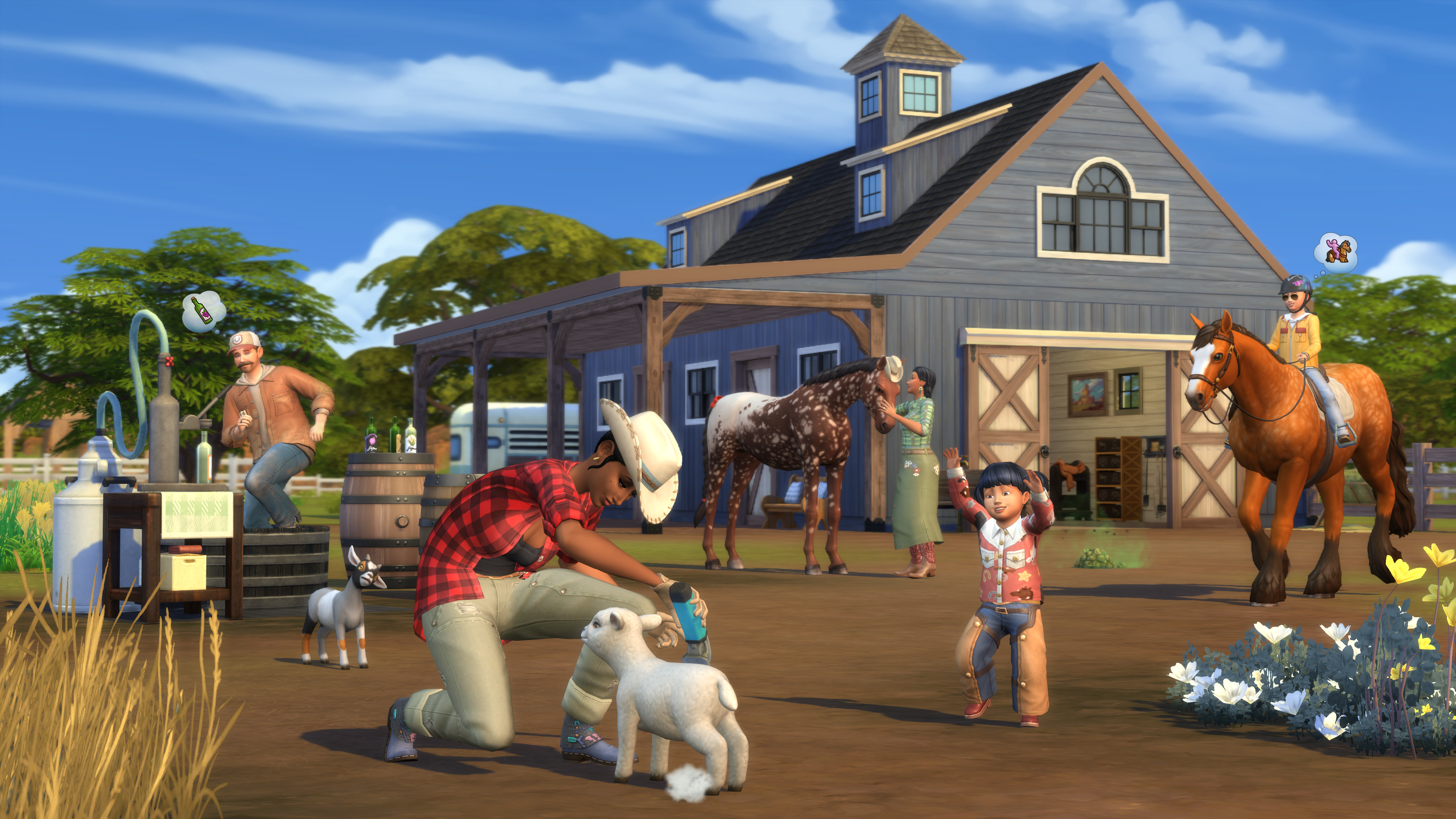 Sims-Charaktere auf einem Bauernhof. Scheune im Hintergrund. Ein Pferd und andere Tiere.