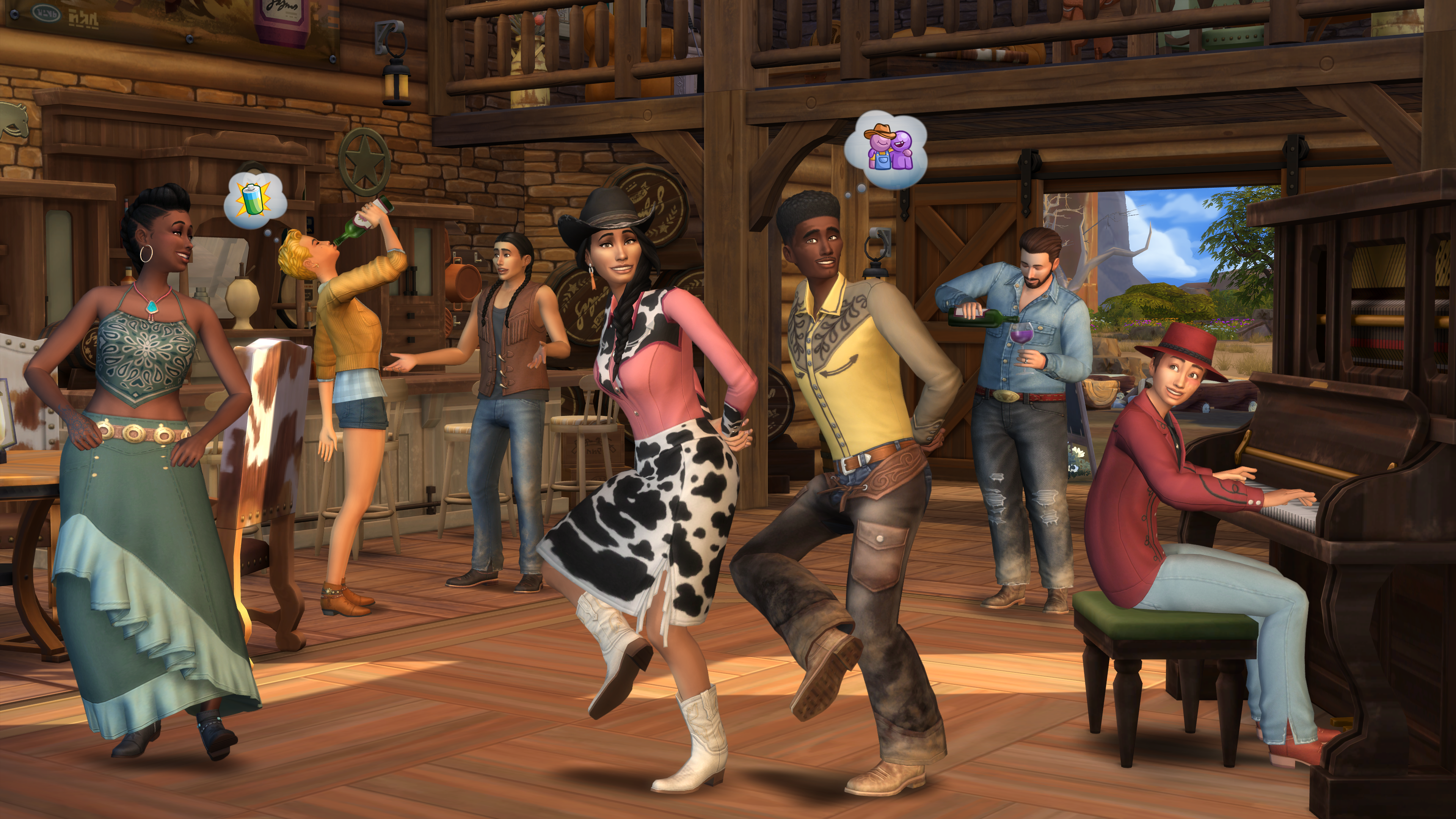 Eine Gruppe von Leuten ist in einem Saloon. Einige tanzen, andere trinken und einer spielt Klavier. Die Szene hat ein Western-Thema.