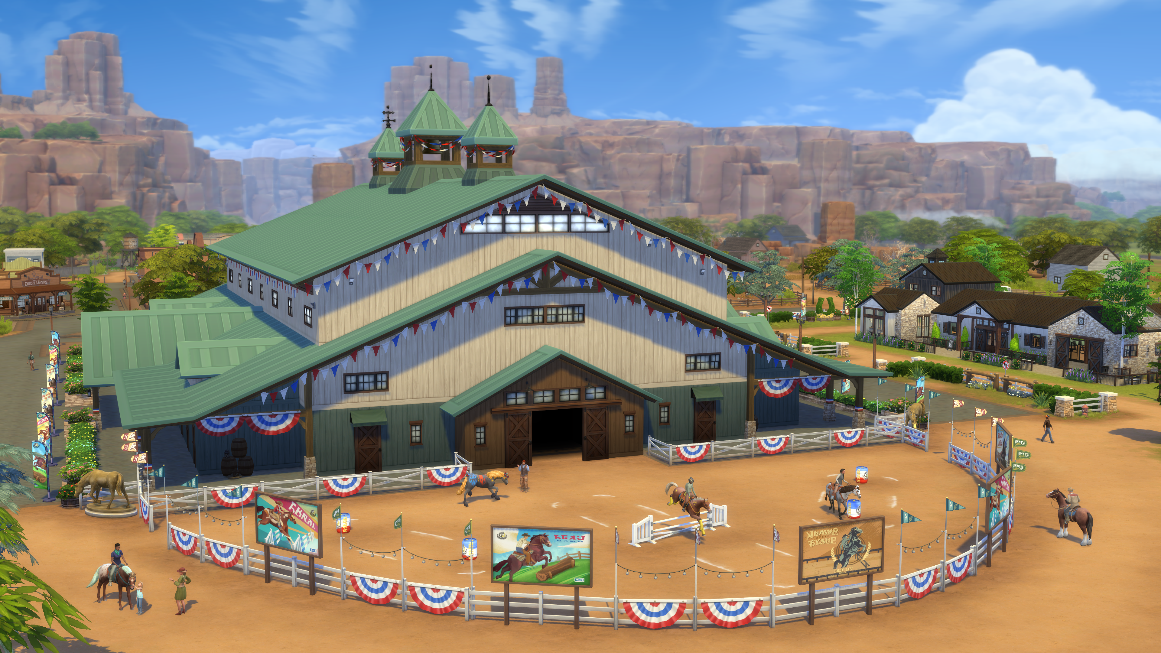 Sims 4 Pferderanch-Szene. Eine große Scheune, eine Reithalle und Pferde sind vorhanden.