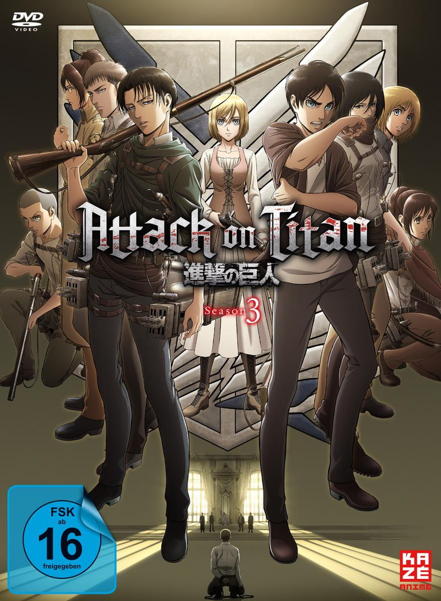 DVD-Cover für Attack on Titan Staffel 3. Zeigt Charaktere aus der Anime-Serie.