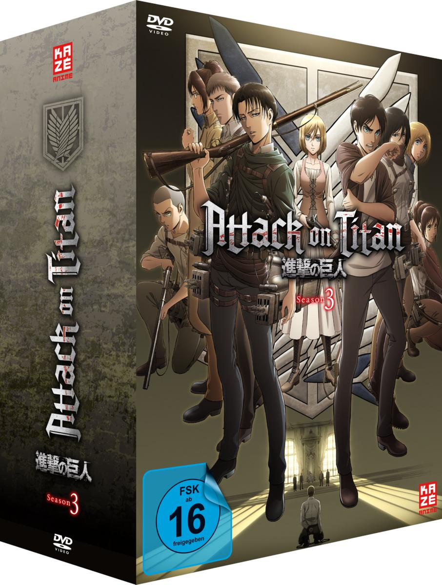 DVD-Box-Set mit Anime-Charakteren, 'Attack on Titan'-Titel und Staffel 3-Markierung.