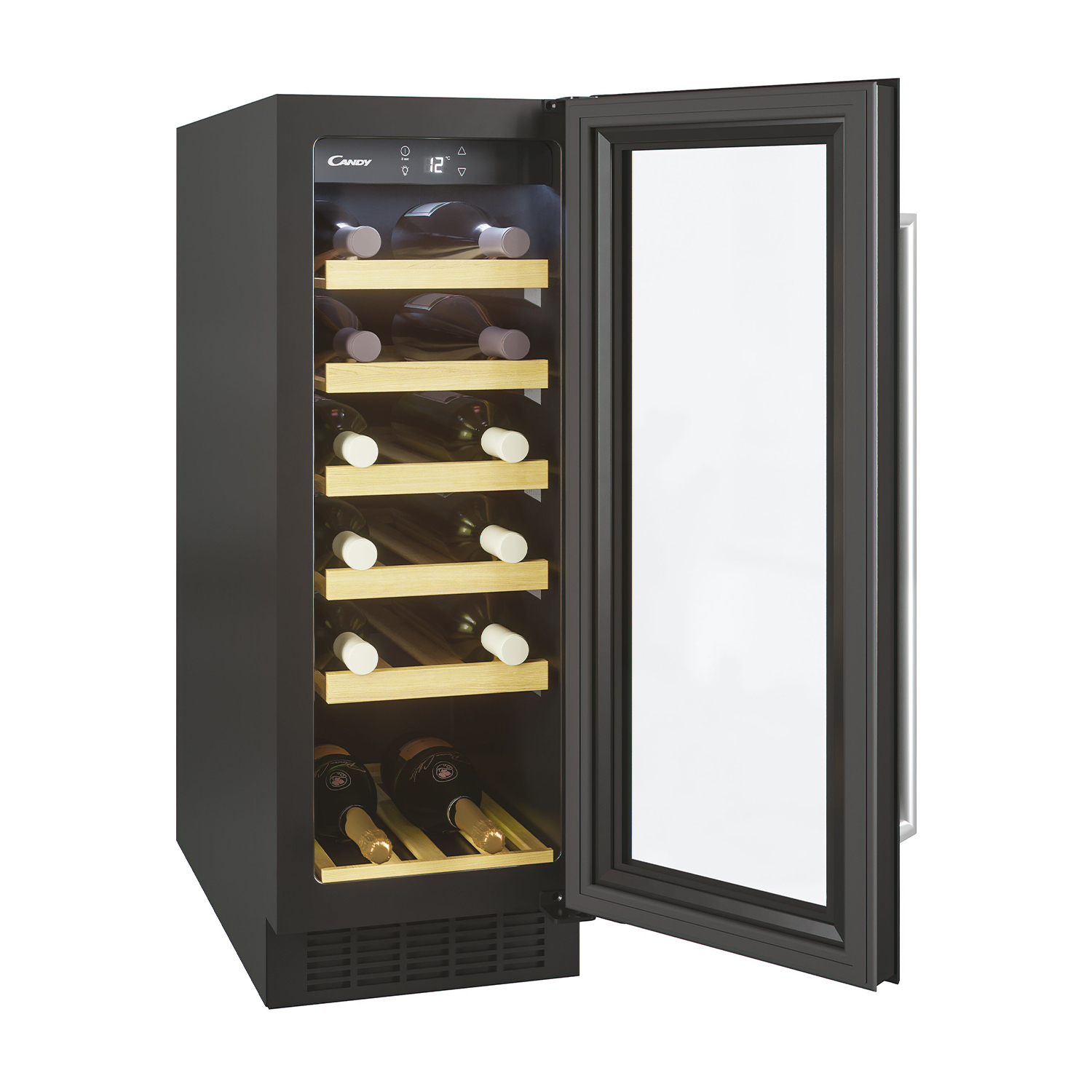 Un refrigeratore per vino Candy nero con porta a vetro aperta, che rivela bottiglie di vino su ripiani in legno.