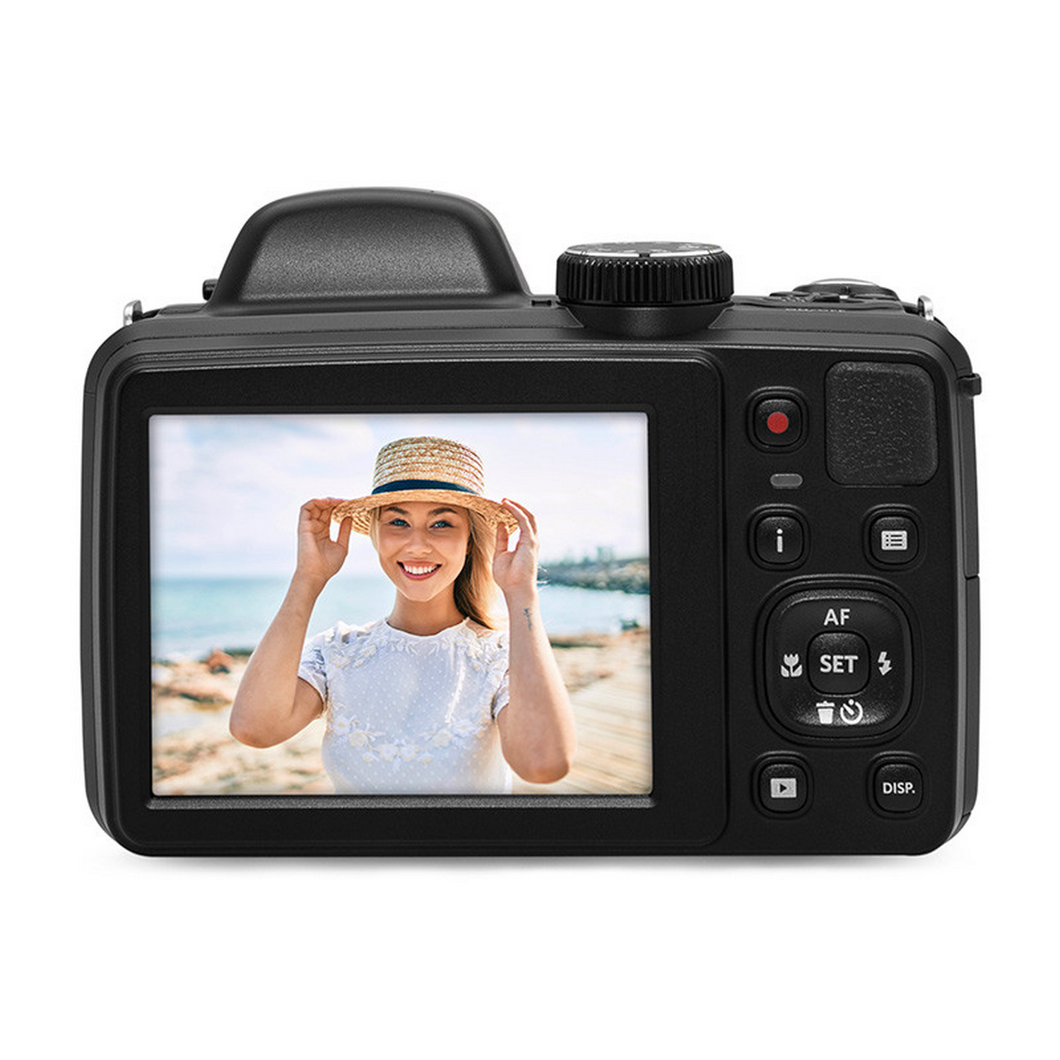 Een zwarte camera die een vrouw met hoed op een strand laat zien.