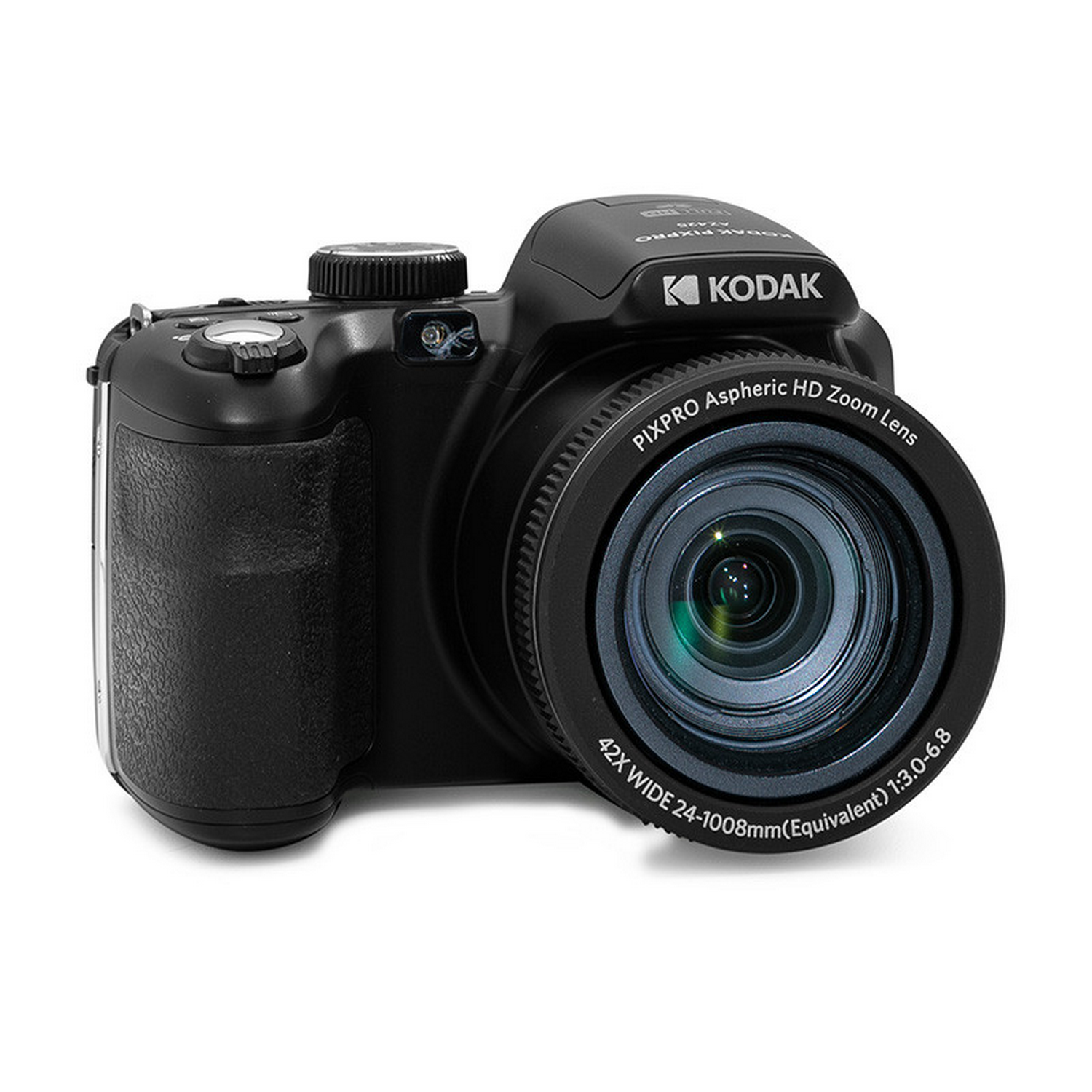 Zwarte Kodak Pixpro camera met zoomlens, op een witte achtergrond. De lens heeft tekst: 42X WIDE 24-1008mm(Equivalent) 1:3.0-6.8.