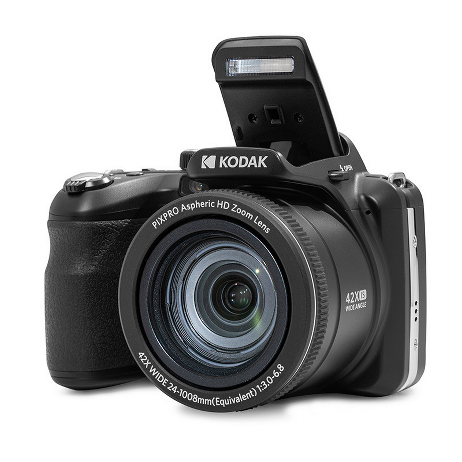 Zwarte Kodak camera met lens en flitser, schuine weergave op witte achtergrond.