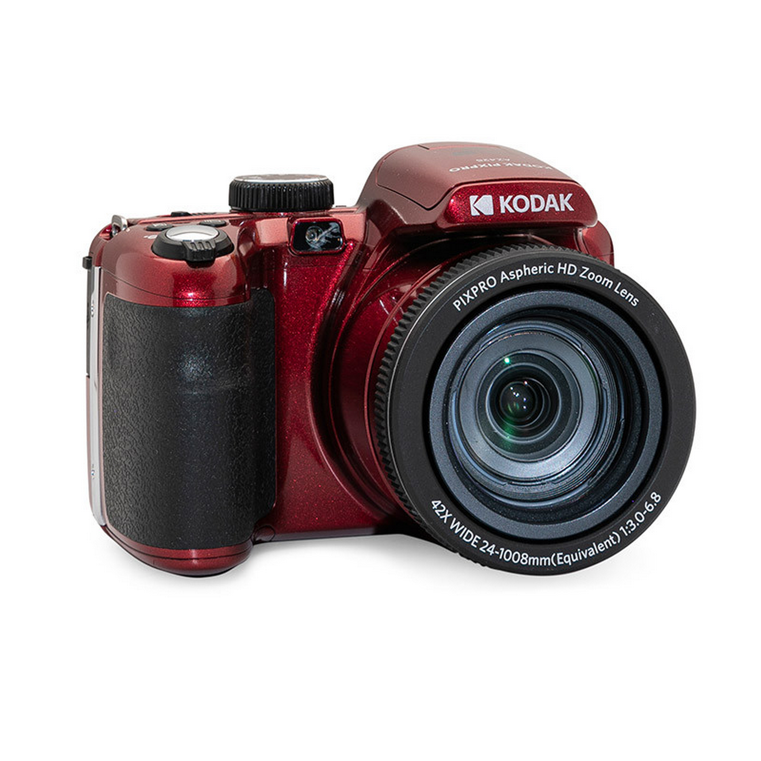 Rode Kodak camera. Zwarte lens, zwarte grip en rode behuizing.