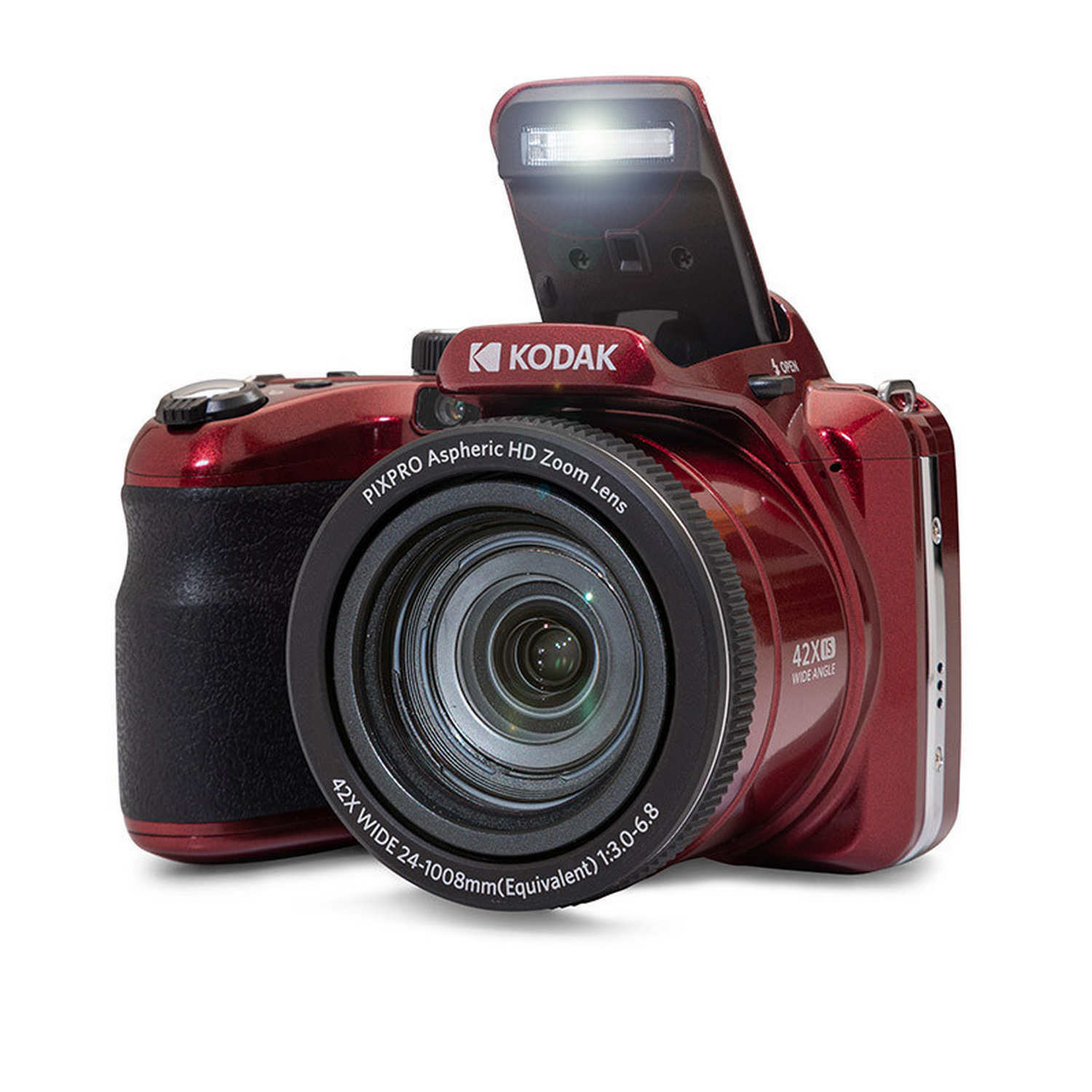 Een rode Kodak digitale camera met de flitser open. De lens is zichtbaar.