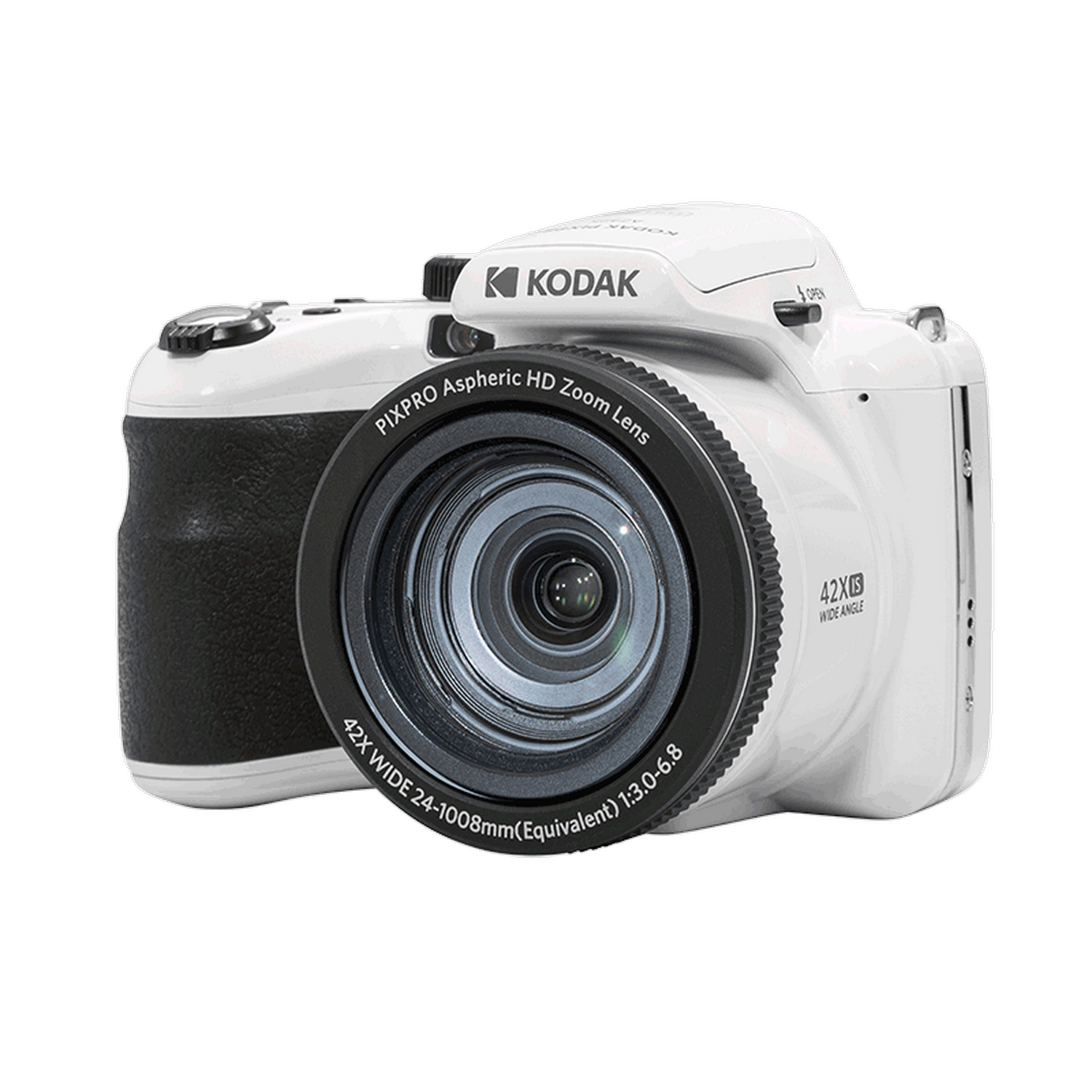 Witte Kodak camera met een zwarte lens en grip, met de tekst 'PIXPRO Aspheric HD Zoom Lens'.