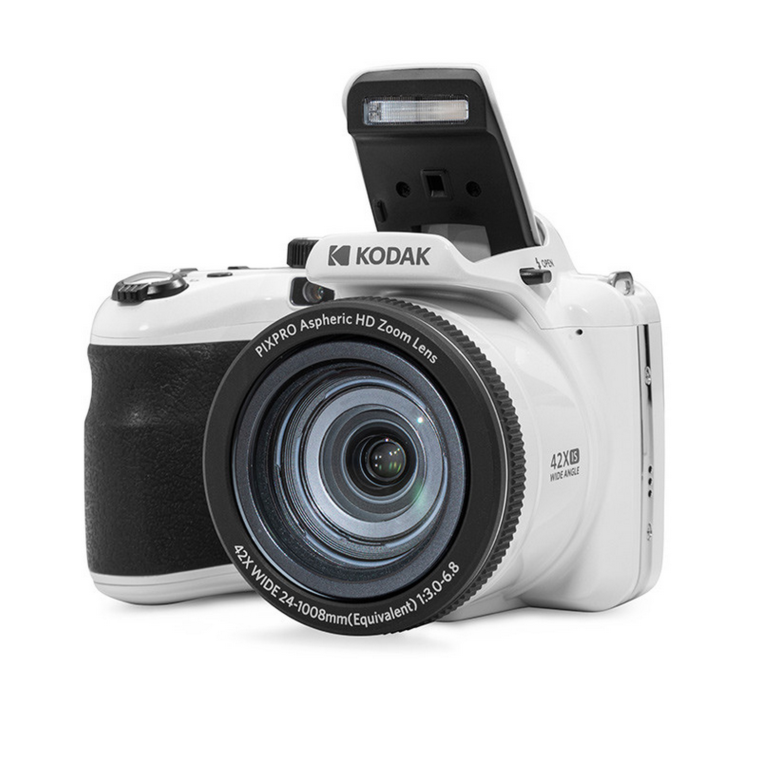 Een witte Kodak digitale camera met open flitser en uitgeschoven lens.