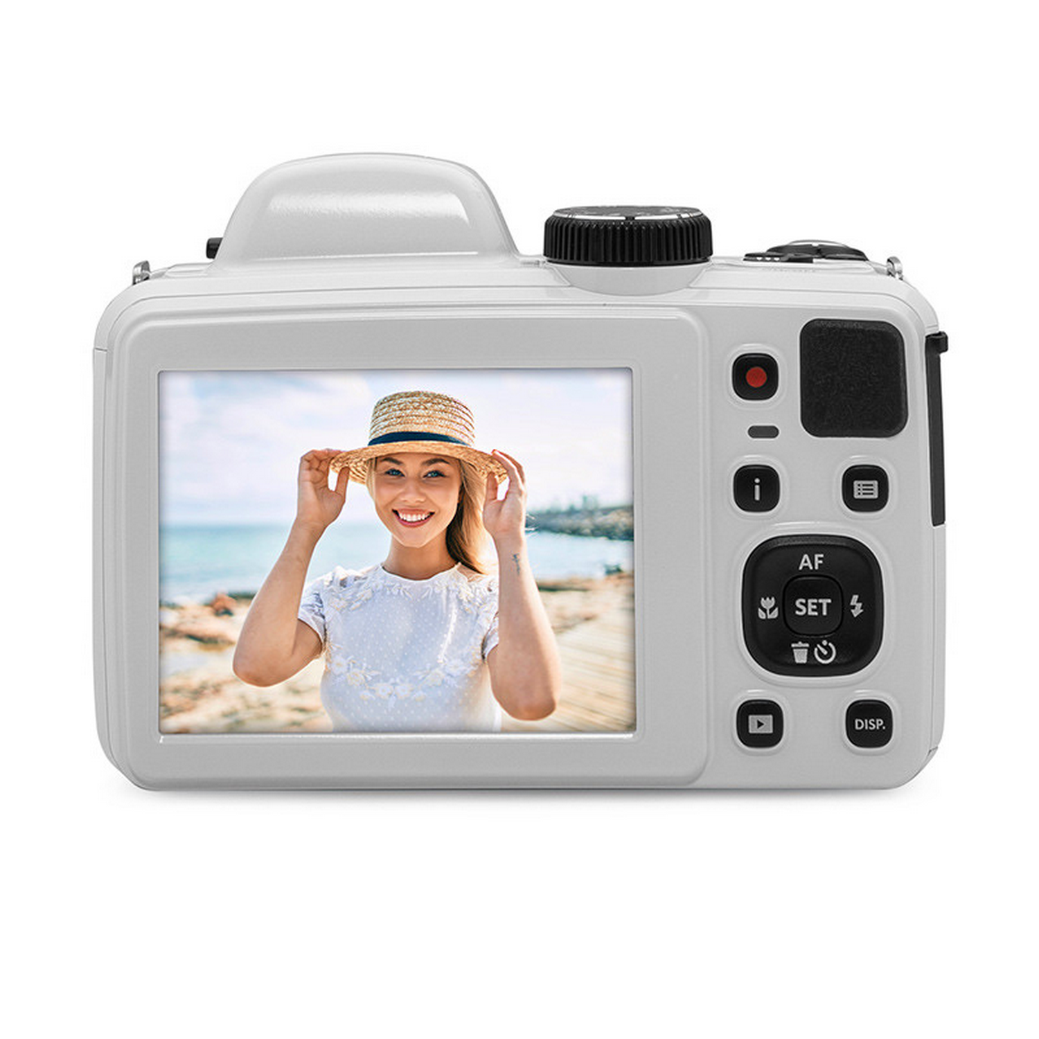 Een witte camera, met een foto van een vrouw met een strohoed op het strand. De camera heeft knoppen.