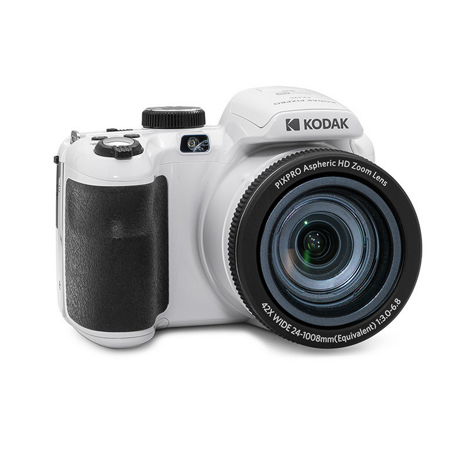 Een witte Kodak Pixpro camera met een zwarte lens en grip.