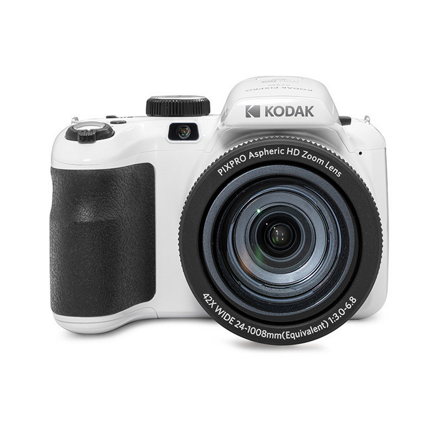 Kodak camera. Witte behuizing, zwarte lens. Digitale camera. Close-up, vooraanzicht.