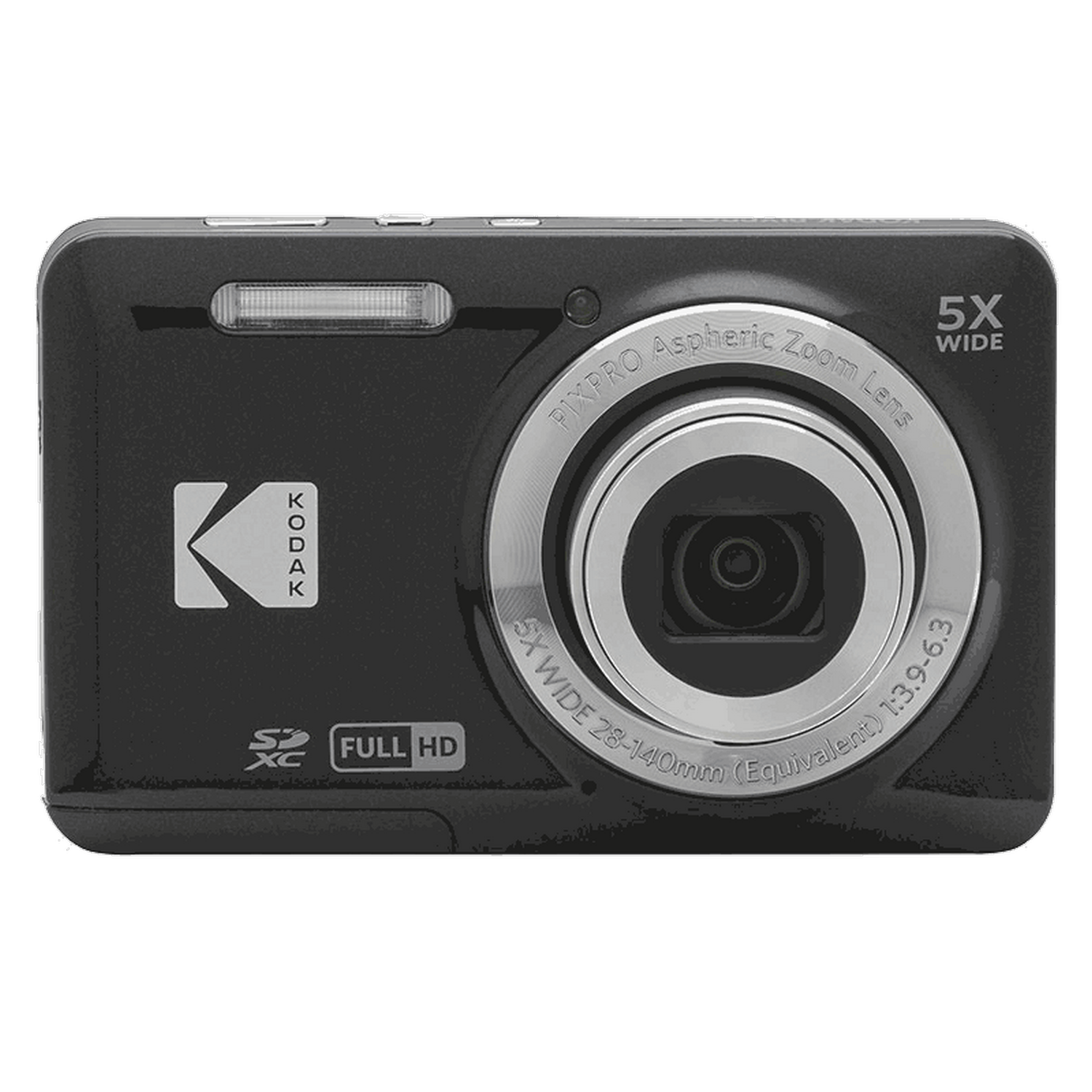 Zwarte Kodak Pixpro camera. Zilveren lens, flitser en knoppen aan de voorkant. Full HD.