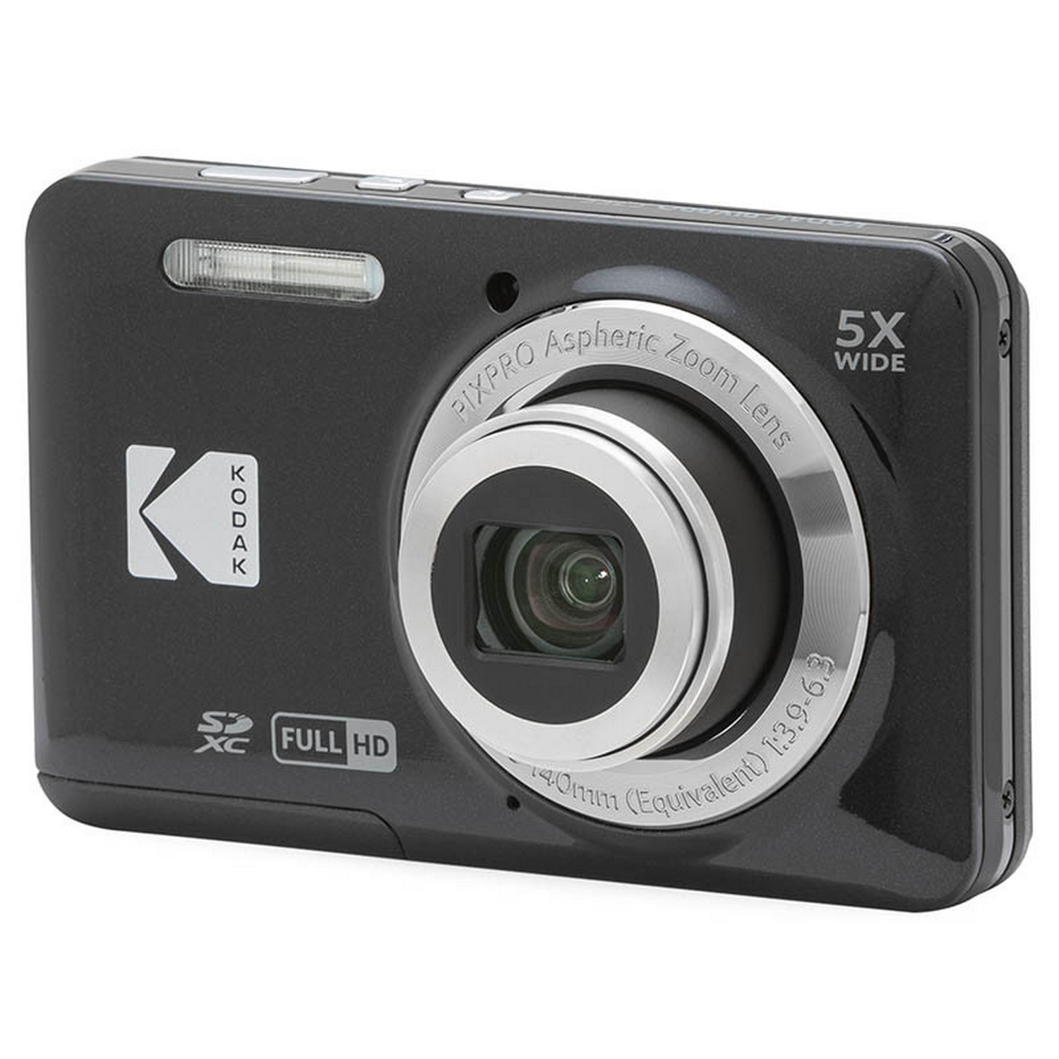 Een zwarte digitale Kodak camera met een lens en een scherm wordt van voren getoond.