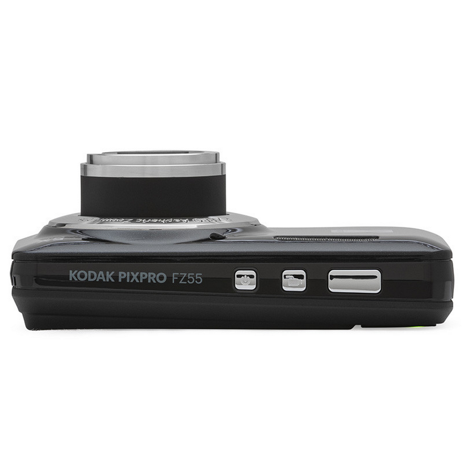 Zwarte Kodak camera, zijaanzicht. De lens is zichtbaar aan de bovenkant met knoppen en poorten aan de zijkant.