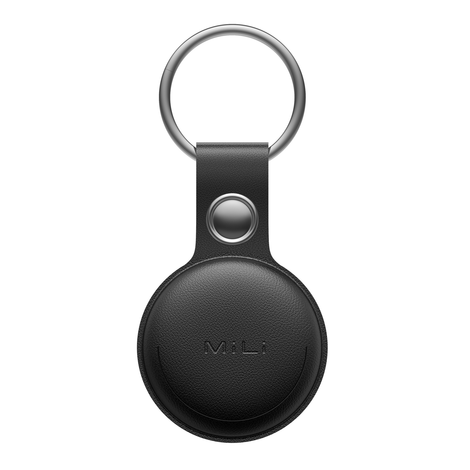 Black leather tag with a silver ring. The tag has the name MILI.