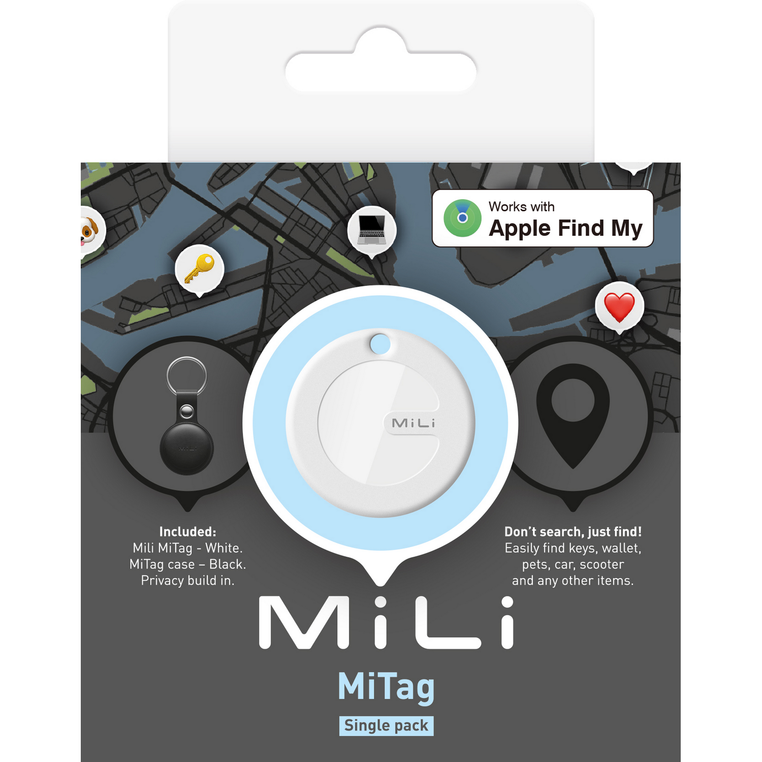 A MiLi MiTag tracker package, showing the tracker, a key ring, and map graphics.