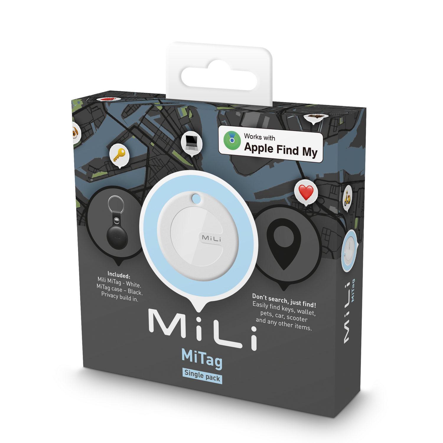 A MiLi MiTag box. The box is black and white with a picture of the MiTag tracker and its features.