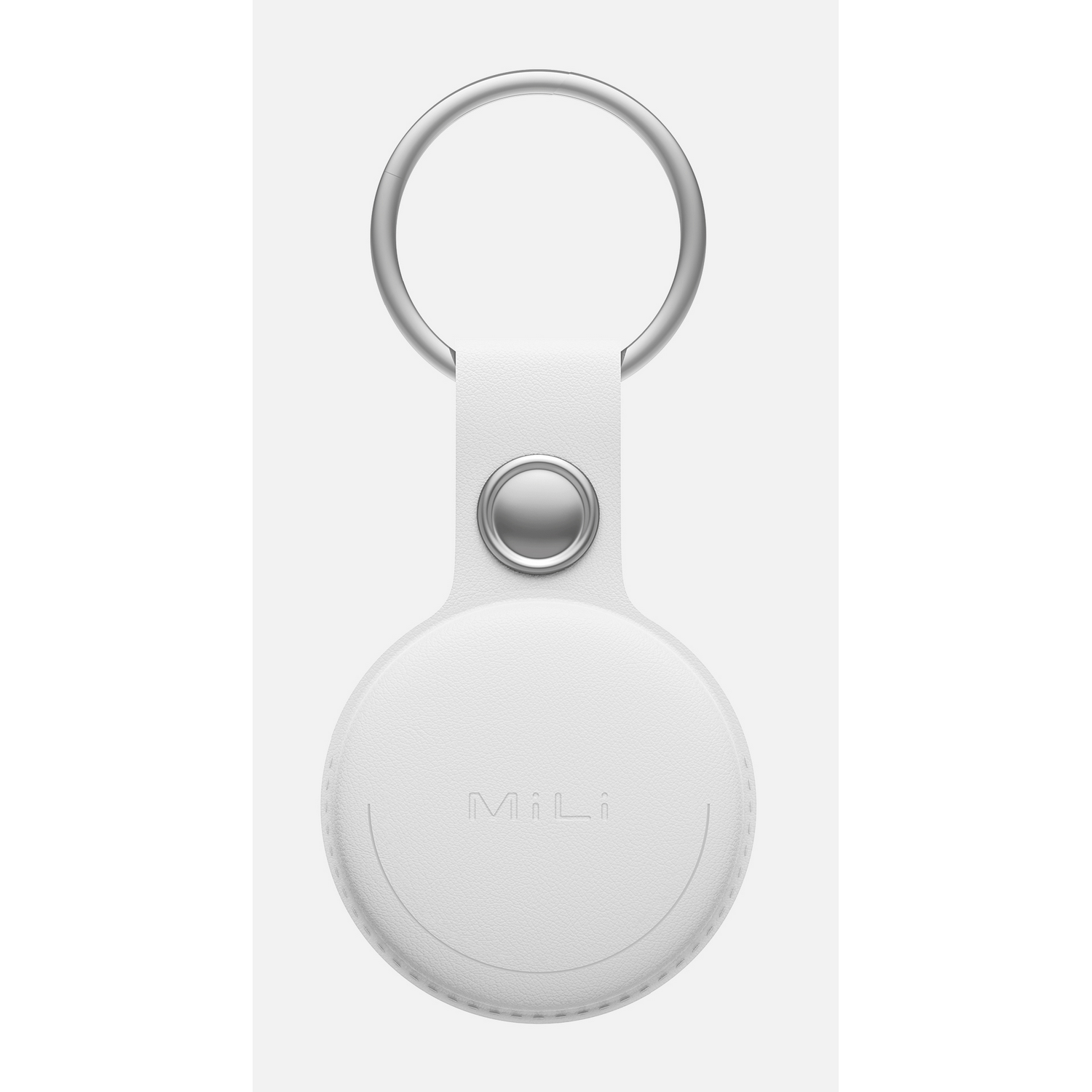 A white round tag with a silver ring and the word 'MiLi' on it.