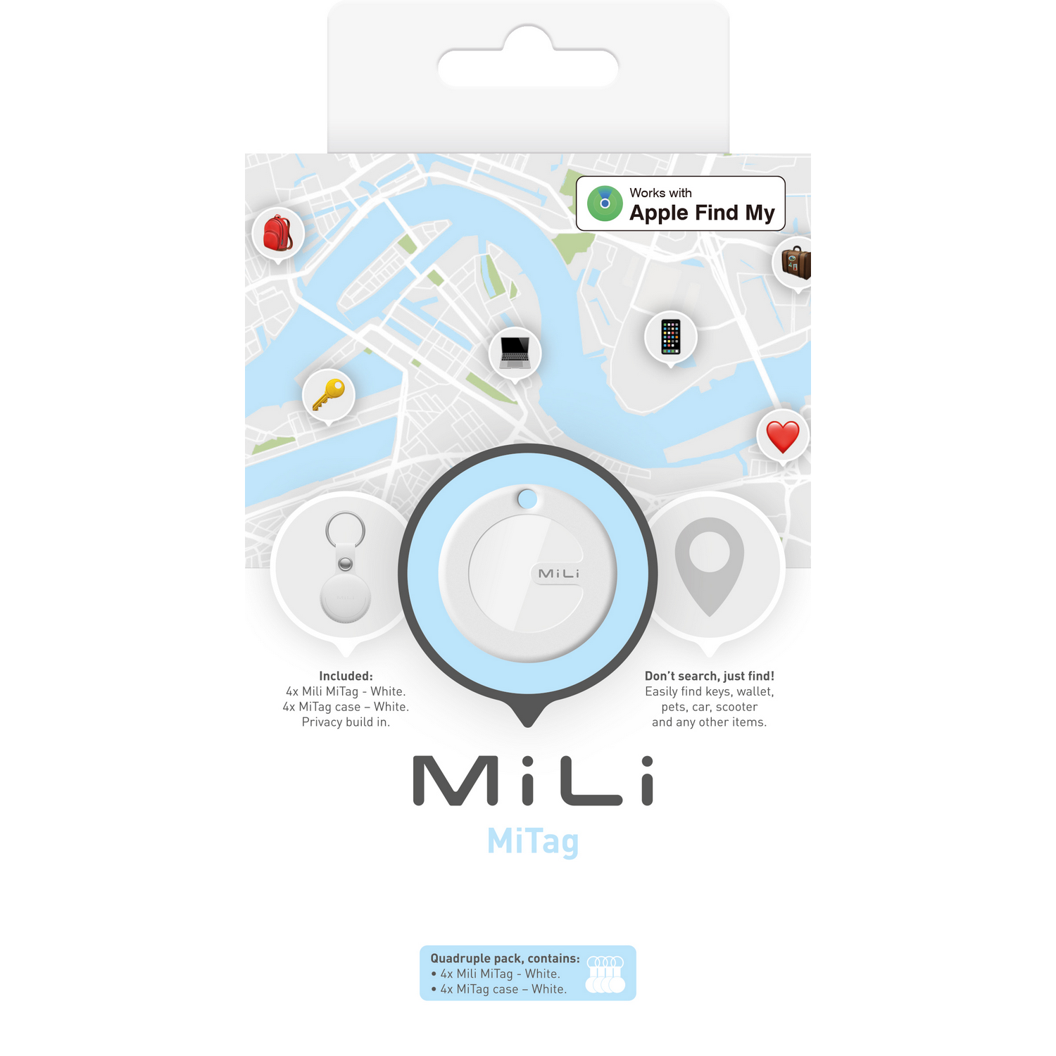 MiLi MiTag tracker packaging. White tracker with a map background and icons of items it can track.