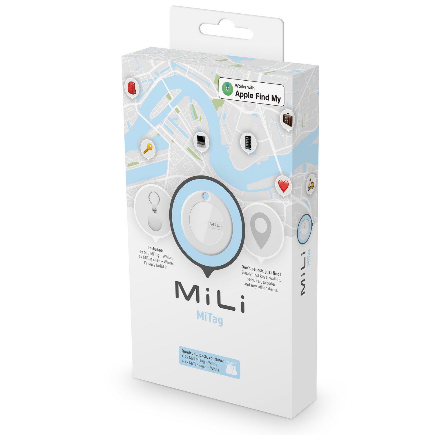 A white MiLi MiTag box with a map and icons on it. The MiTag is the key tracker.