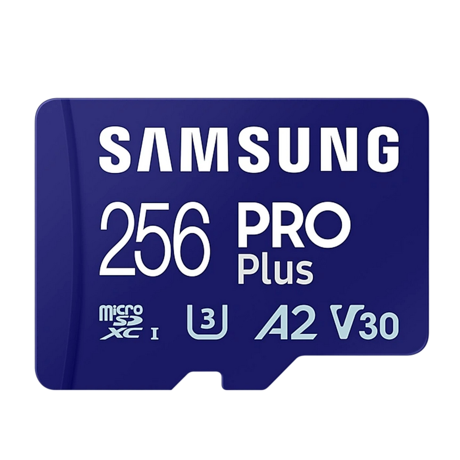 Une carte MicroSD bleue Samsung 256 PRO Plus avec texte et symboles sur fond noir.