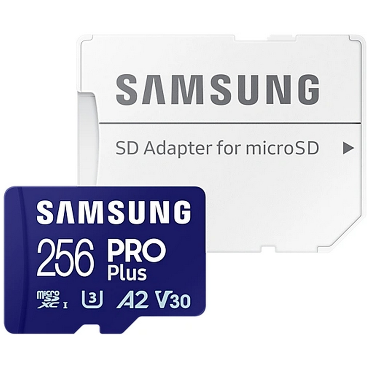 Carte microSD Samsung et un adaptateur SD sur fond blanc.