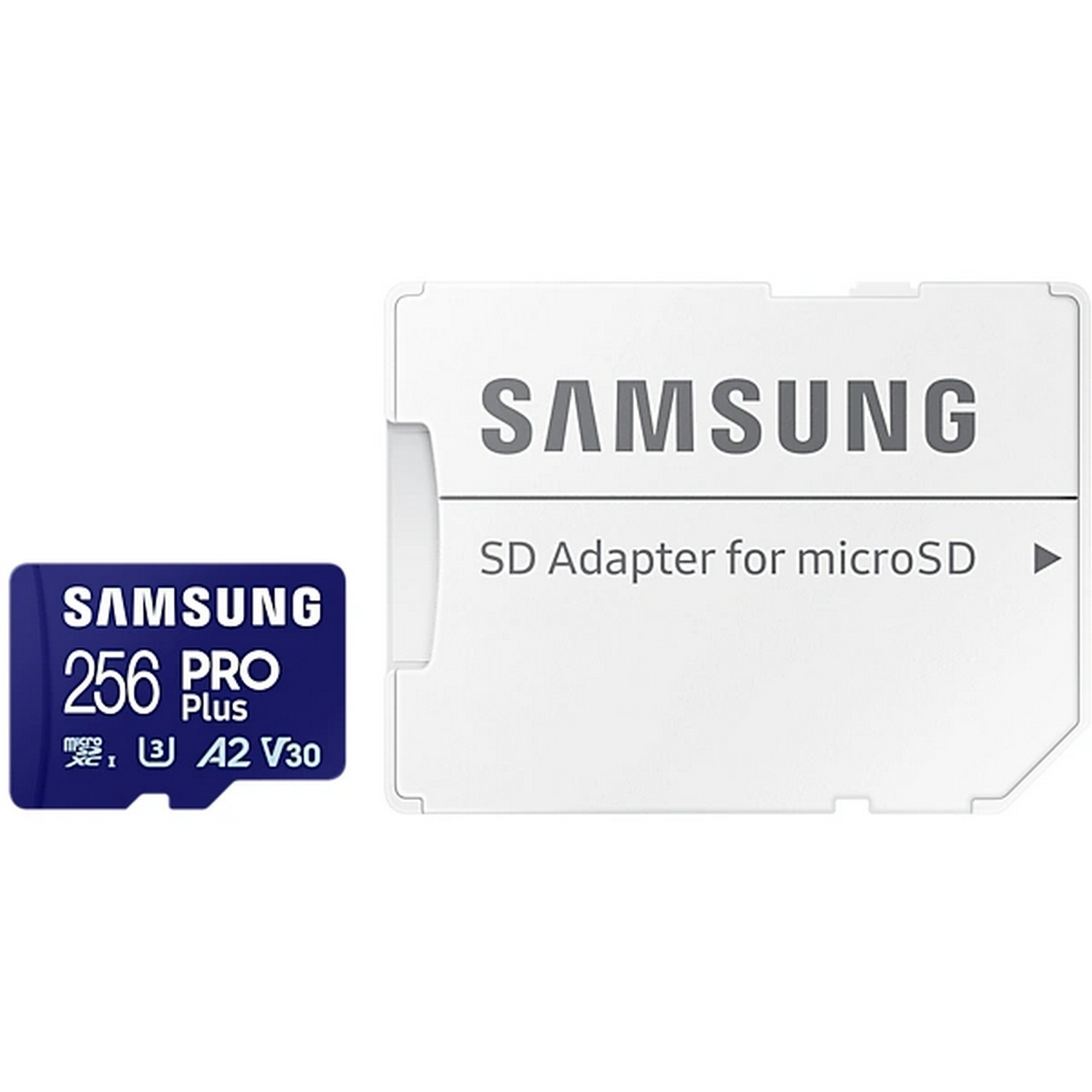 Carte micro SD Samsung 256 PRO Plus avec un adaptateur SD, sur fond blanc.
