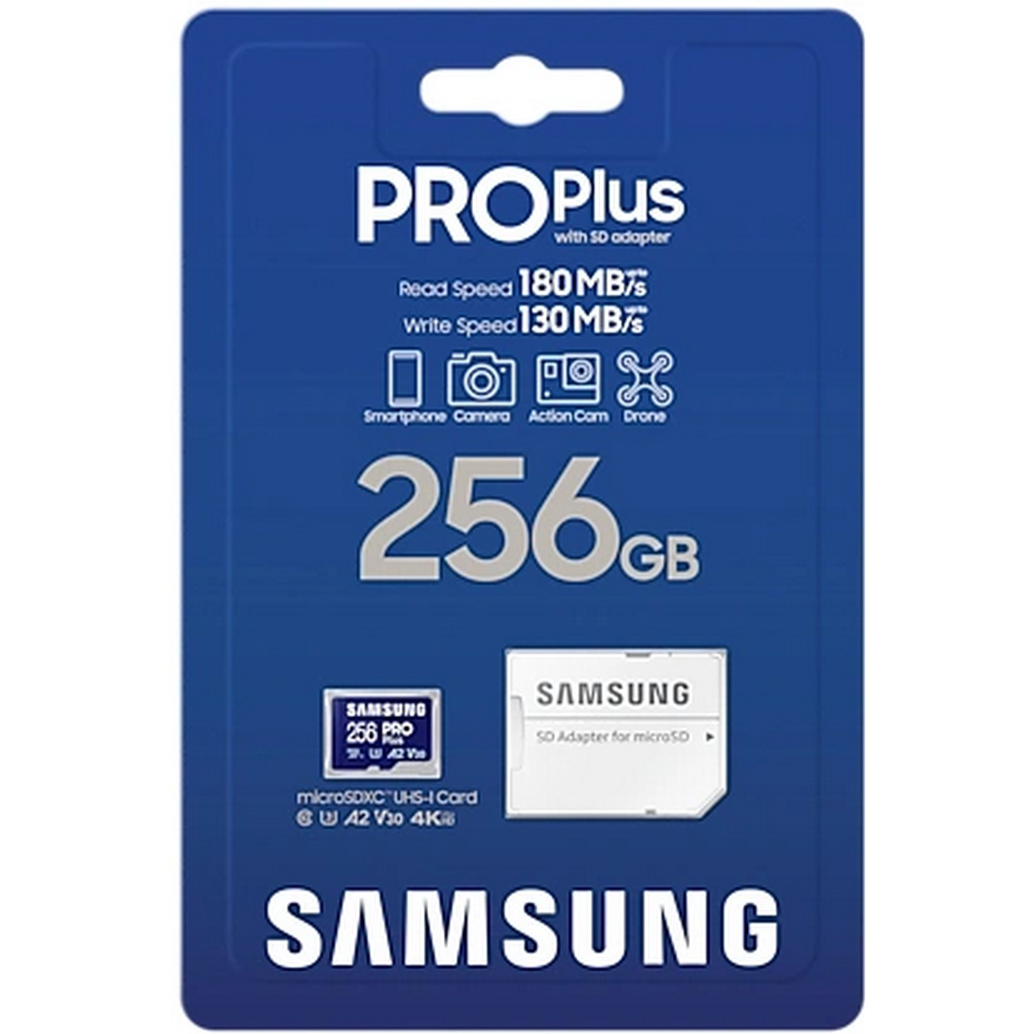 Emballage de carte SD Samsung Pro Plus bleu et blanc avec détails de vitesse de lecture et d'écriture.