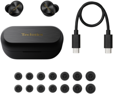 Technics fülhallgató, töltőtok, töltőkábel és fülhegyek. Fekete és arany szín.