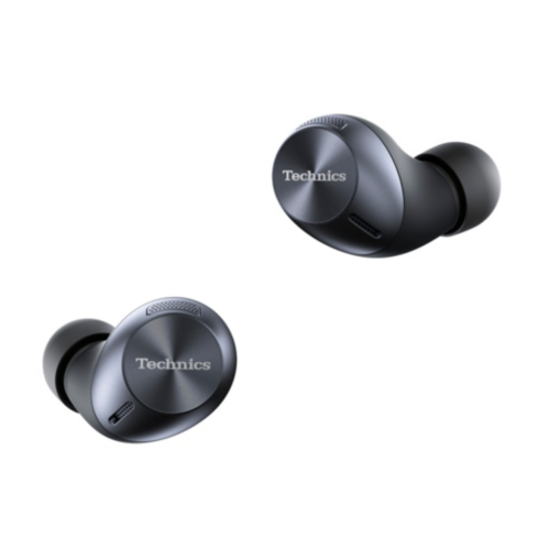 Két fekete vezeték nélküli fülhallgató fehér háttéren.
