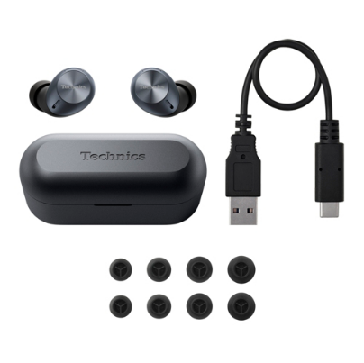 Fülhallgatók, töltőtok és USB kábel különböző füldugókkal. Sötétszürke színben, Technics márka.