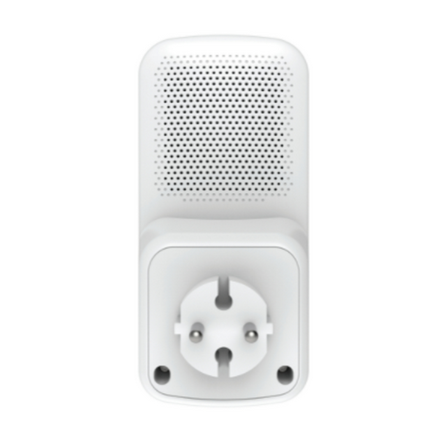 Un enchufe inteligente blanco con diseño de enchufe europeo. Tiene un diseño similar a un altavoz.