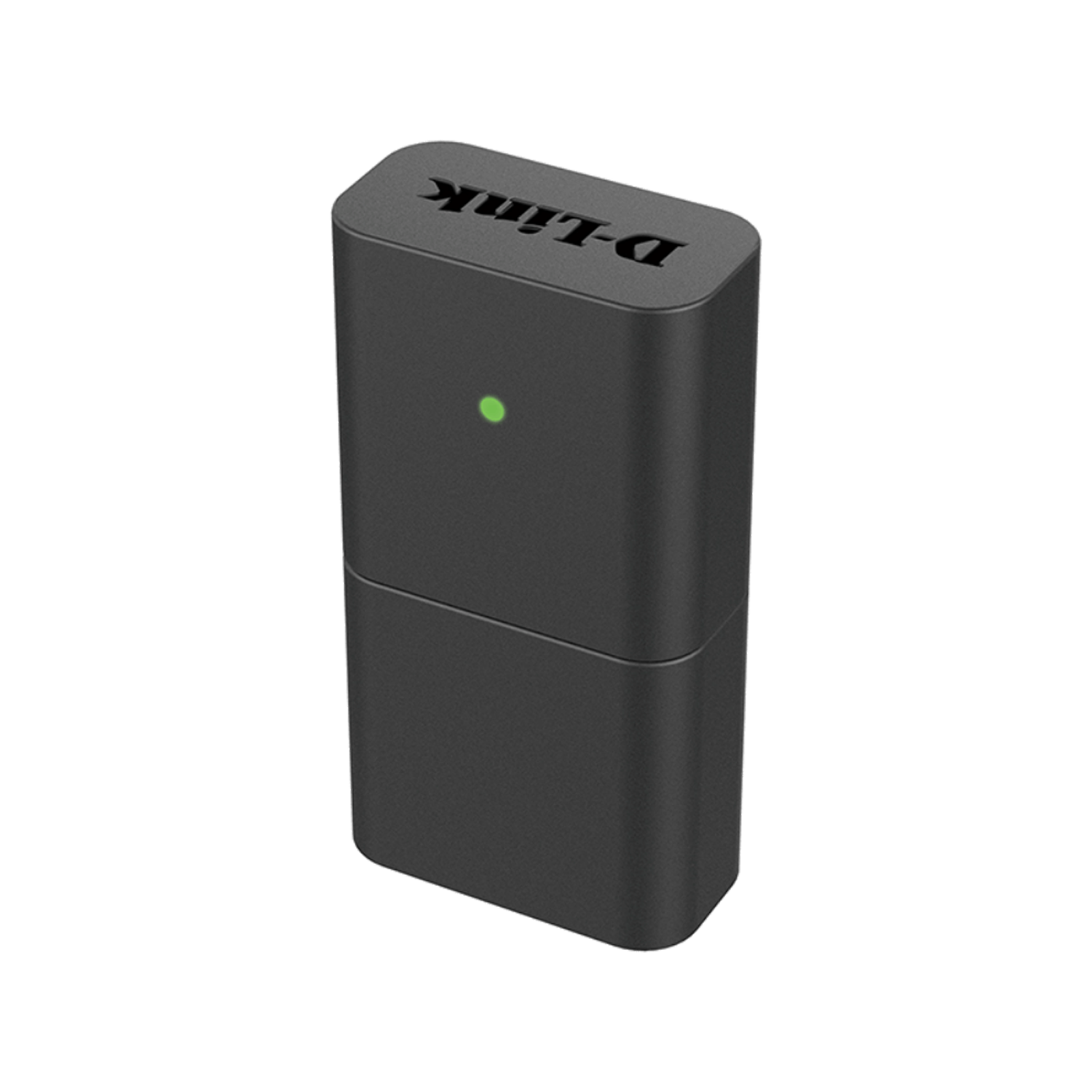 Un adaptador WiFi USB D-Link negro, con una luz verde, aislado sobre un fondo negro.
