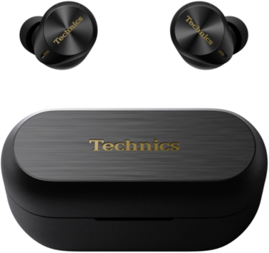 Technics vezeték nélküli fülhallgatók és töltőtok. Fekete fülhallgatók arany részletekkel.