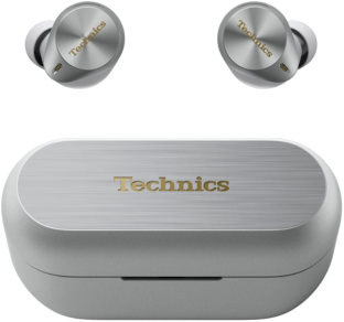 Ezüst Technics fülhallgatók és töltőtok. Fém dizájn arany Technics logóval.
