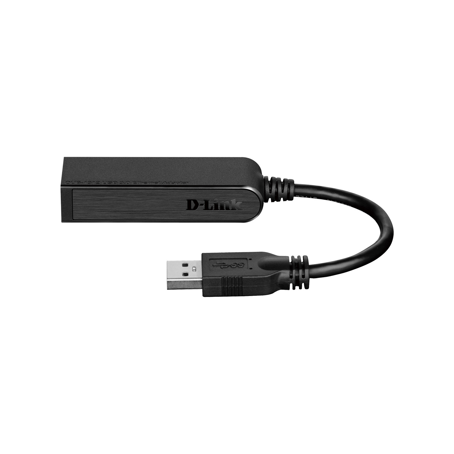 Cable adaptador de USB a Ethernet D-Link negro. Fondo negro.