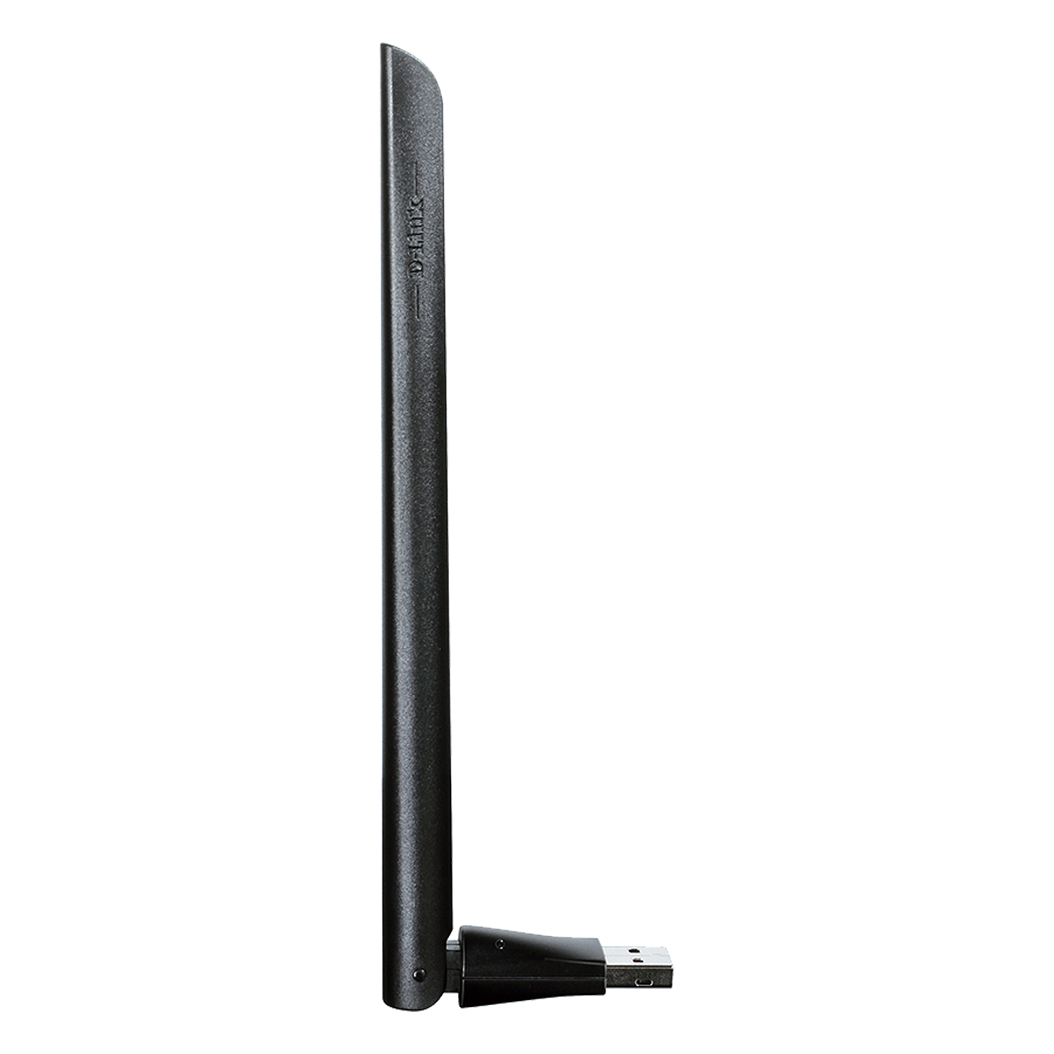 Una antena D-Link negra para un puerto USB, sobre un fondo negro.