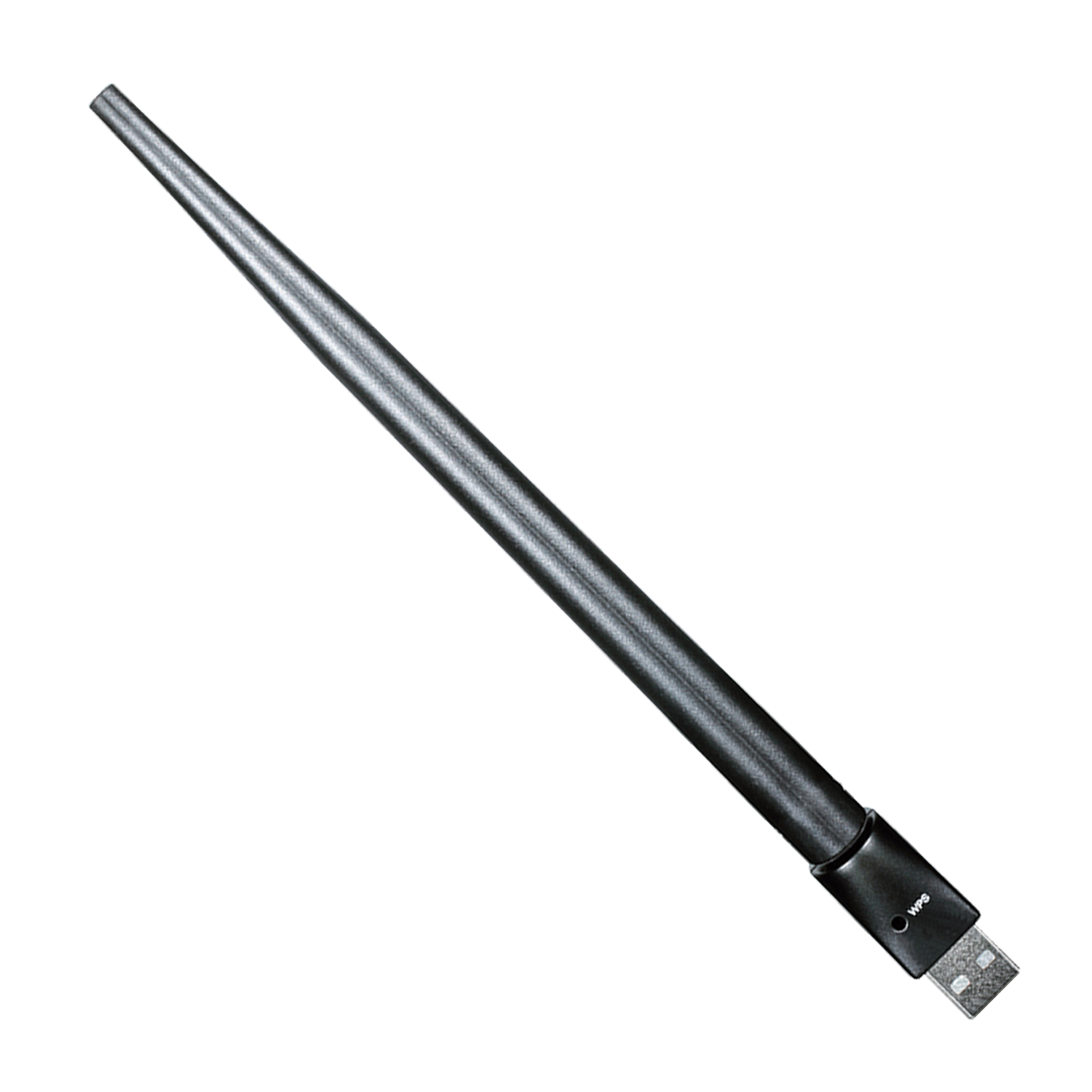 Antena negra con conector USB. Fondo negro.
